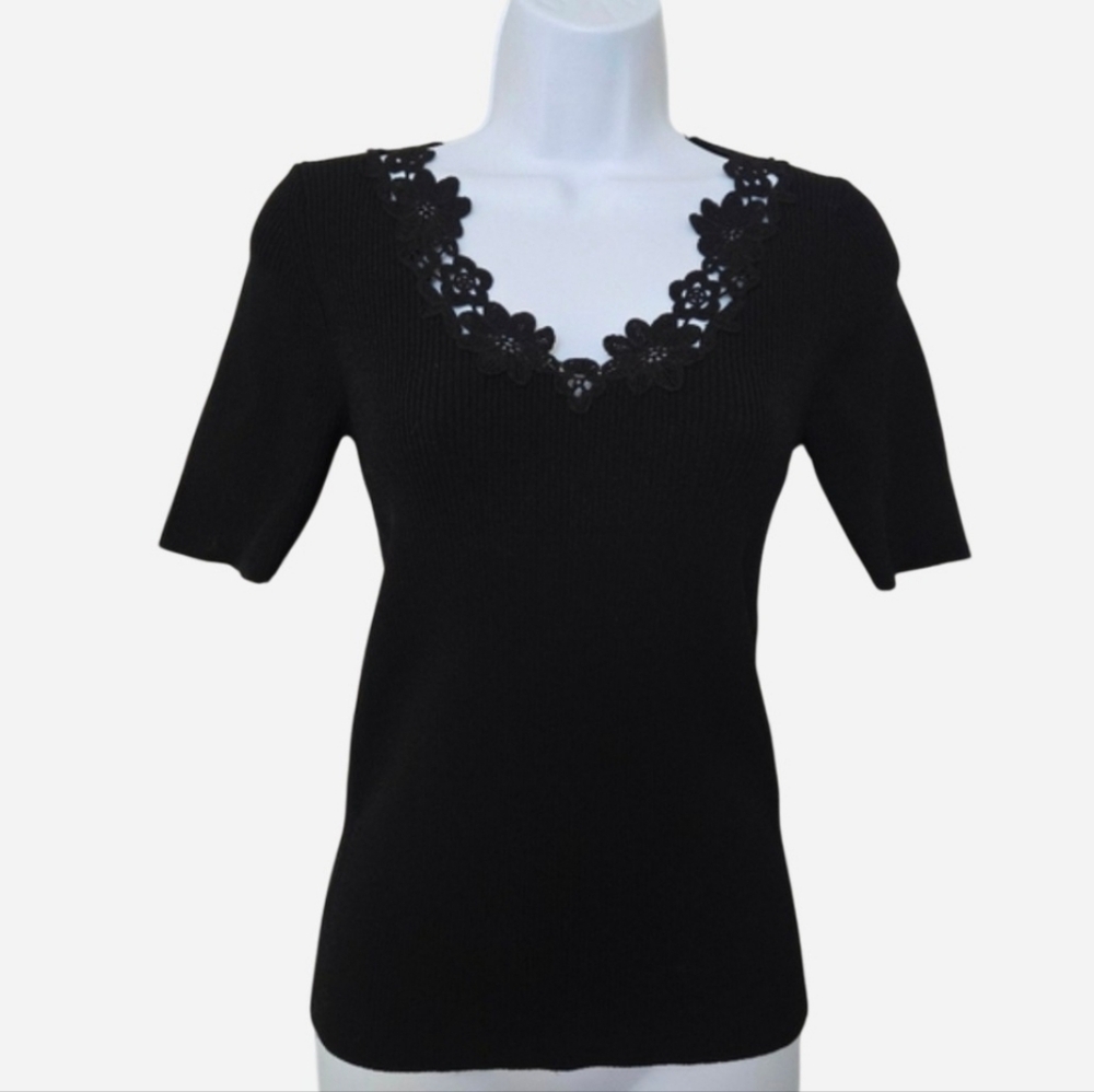 Sandro Paris Jasmine Lace Trim Ribbed Knit Short Sleeves Black Sweater Small